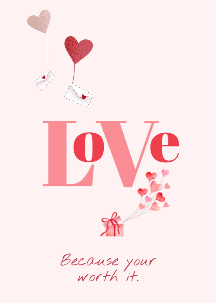 Ontwerpsjabloon van Postcard 5x7in Vertical van Romantic Message with Pink Hearts and Gift