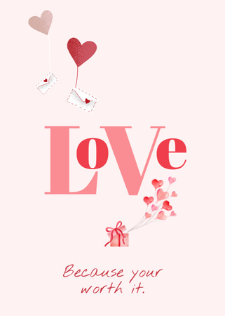 Romantic Love Message with Pink Hearts and Gift Postcard 5x7in Vertical Design Template
