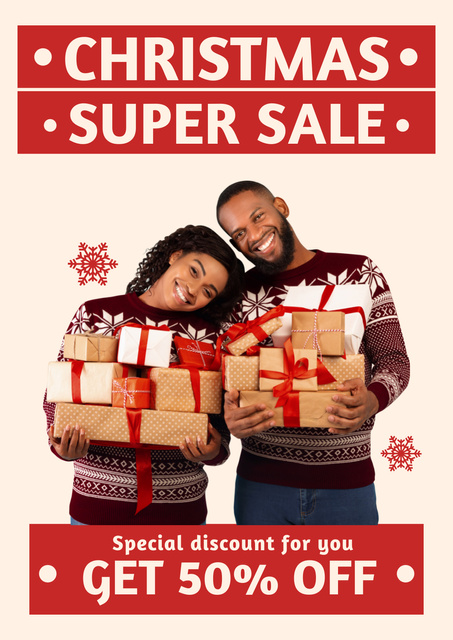 African American Couple on Christmas Super Sale Poster Design Template