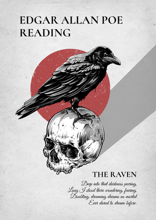 Ontwerpsjabloon van Poster van Gedichten lezen aankondiging met raaf zittend op schedel
