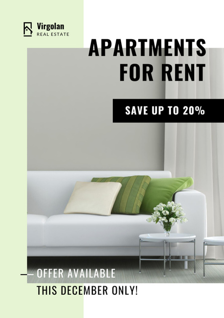 Real Estate Rent Offer with Soft Sofa in Room Flyer A5 Modelo de Design