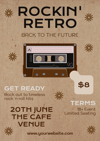 Designvorlage Ankündigung einer Musikparty mit Retro-Kassette für Poster
