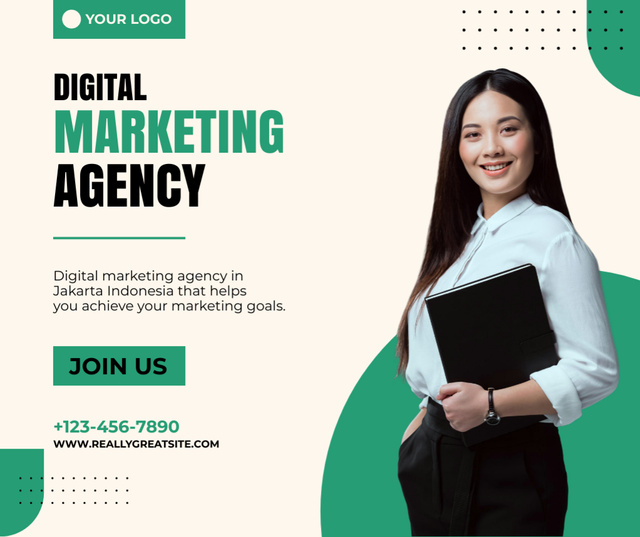 Digital Marketing Agency Ad with Confident Businesswoman Facebookデザインテンプレート