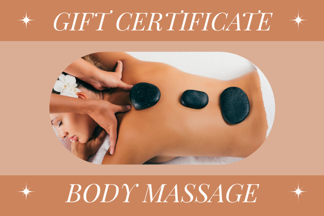 Ontwerpsjabloon van Gift Certificate van Beautiful Young Woman Getting a Body Massage with Hot Stones