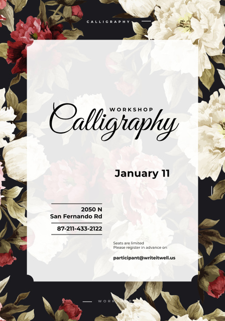 Calligraphy Workshop Event Announcement with Flowers Poster 28x40in Tasarım Şablonu