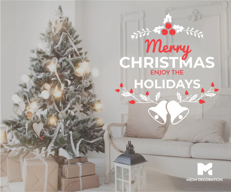 Template di design Merry Christmas Card con congratulazioni con albero di Natale luminoso Medium Rectangle