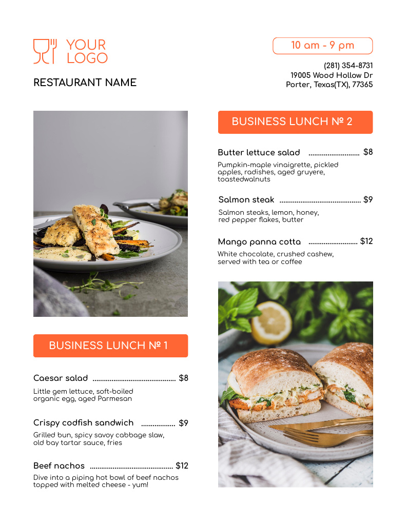 Business Lunches in Modern Restaurant Menu 8.5x11inデザインテンプレート