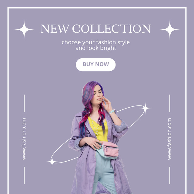 Fashion Clothes Ad with Woman in Violet Outfit Instagram Tasarım Şablonu
