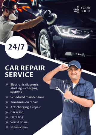 Car Repair Services Ad with Workers Flayer Design Template