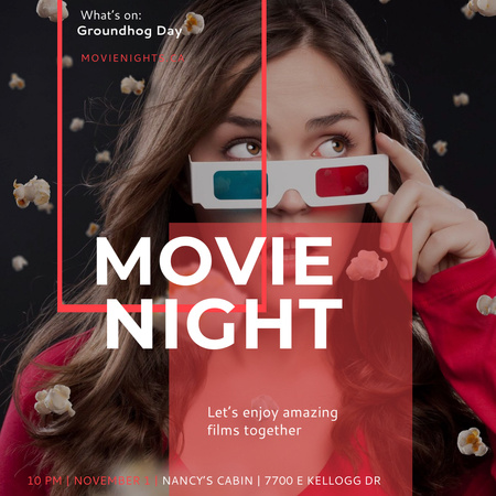 Movie Night Event Woman in 3d Glasses Instagram AD Design Template