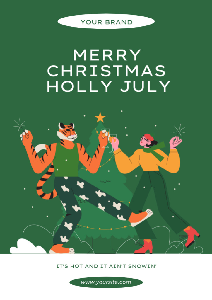 Christmas Ad in July with Yong Girl and Tiger In Green Flyer A4 Design Template