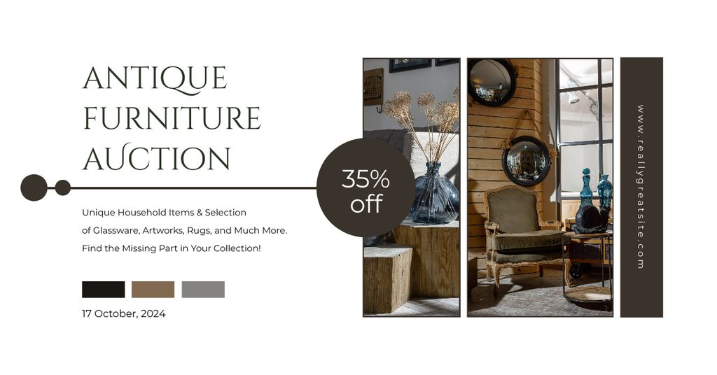 Precious Antiques Furniture Pieces Auction With Discounts Announcement Facebook AD Modelo de Design