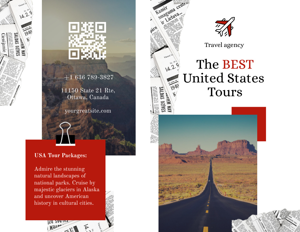 Information Guide about Travel Tour to USA Brochure 8.5x11in Bi-fold tervezősablon