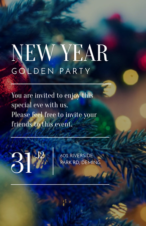 New Year Party With Bokeh And Festive Tree Invitation 5.5x8.5in tervezősablon