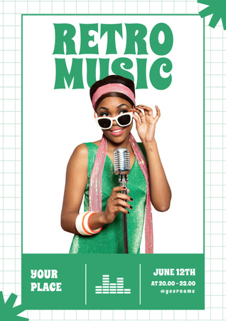Retro zene gyönyörű afroamerikai énekesnővel Poster tervezősablon