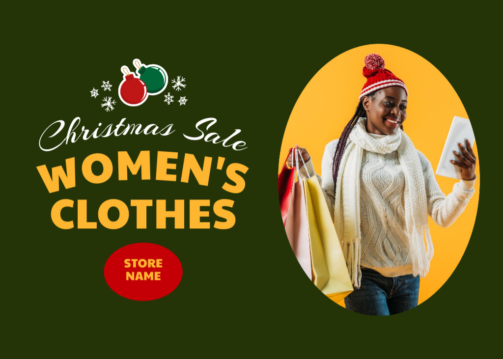 Ontwerpsjabloon van Flyer 5x7in Horizontal van Female Clothes Sale on Christmas with Happy Woman