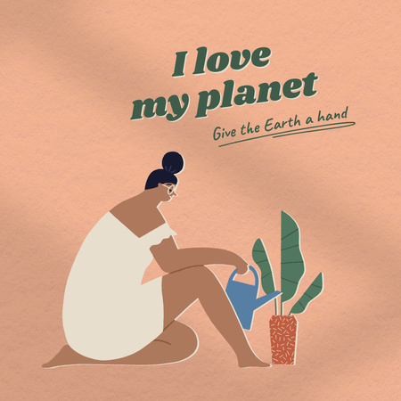 Planet Care Awareness with Girl watering Flower Instagram Tasarım Şablonu