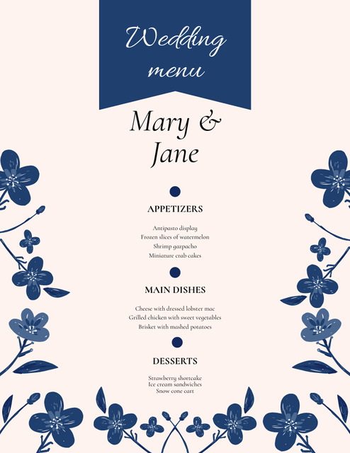 Blue Floral Illustrated Wedding Foods List Menu 8.5x11in – шаблон для дизайна