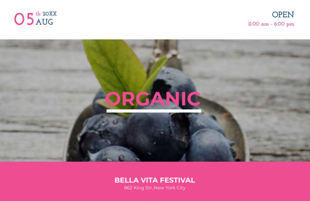 Organic Food Festival Announcement With Blueberries In Summer Flyer 5.5x8.5in Horizontal Tasarım Şablonu