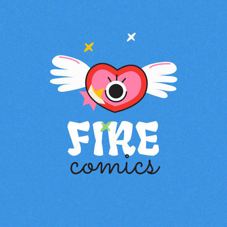 Comics Store Emblem with Funny Winged Heart Logo 1080x1080px Πρότυπο σχεδίασης