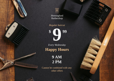 Plantilla de diseño de Anuncio de Happy Hours de barbería con herramientas profesionales Flyer 5x7in Horizontal 