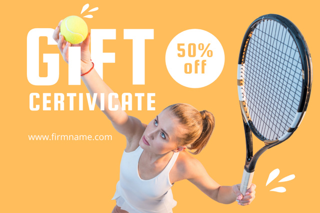 Platilla de diseño Sport Store Ad with Beautiful Female Tennis Player Gift Certificate