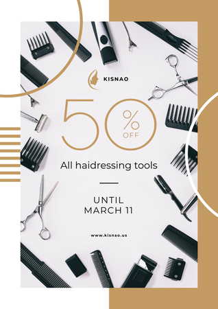 Professional Hairdressing Tools At Discounted Rates Poster Design Template