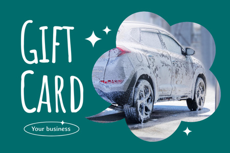 Ontwerpsjabloon van Gift Certificate van Carwash-advertentie met auto in schuim