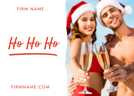 Happy Couple In Santa Hats With Glasses Of Champagne Postcard 5x7in Design Template
