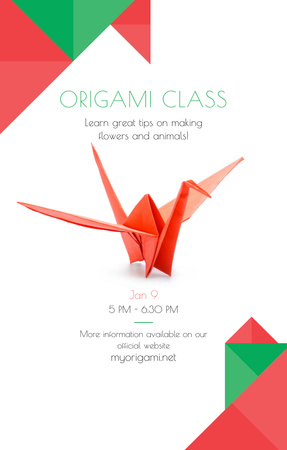 Designvorlage Ankündigung der Origami-Klassen mit Papiervogel in Rot für Invitation 4.6x7.2in