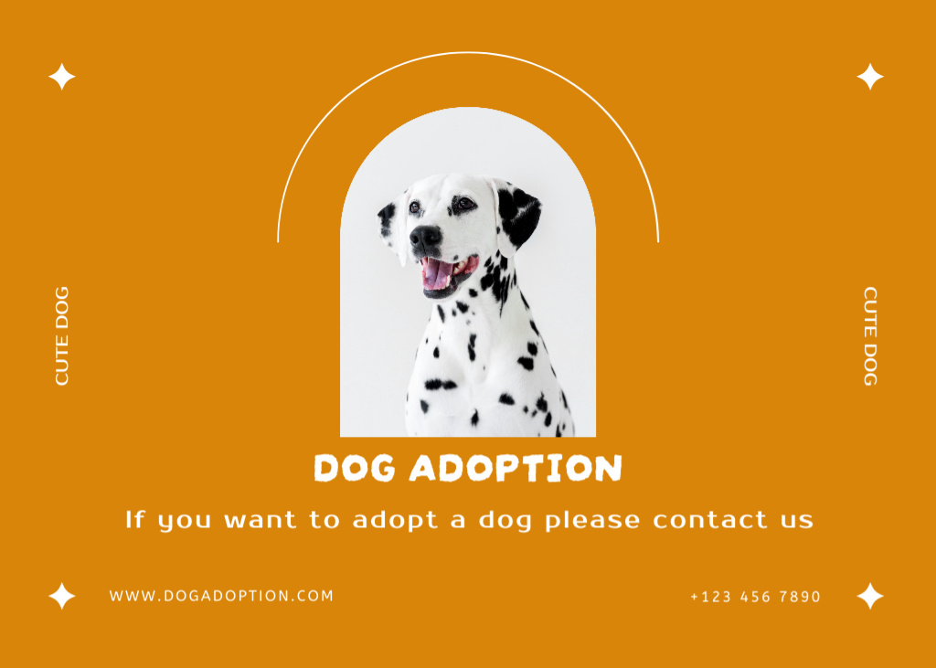 Ontwerpsjabloon van Flyer 5x7in Horizontal van Contacts Dog Adoption with Dalmatian in Orange