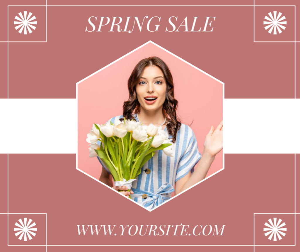 Plantilla de diseño de Spring Sale with Young Woman with White Tulips in Pink Facebook 