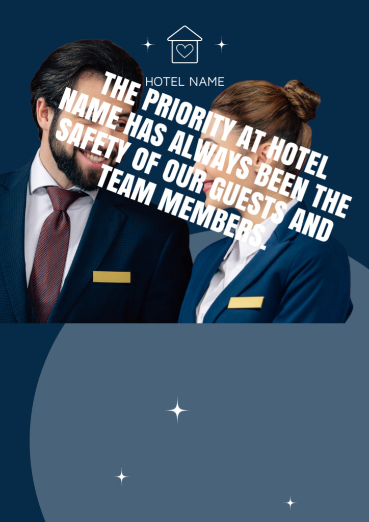 Hotel Mission Description with Young Man and Woman in Uniform Flyer A4 Design Template