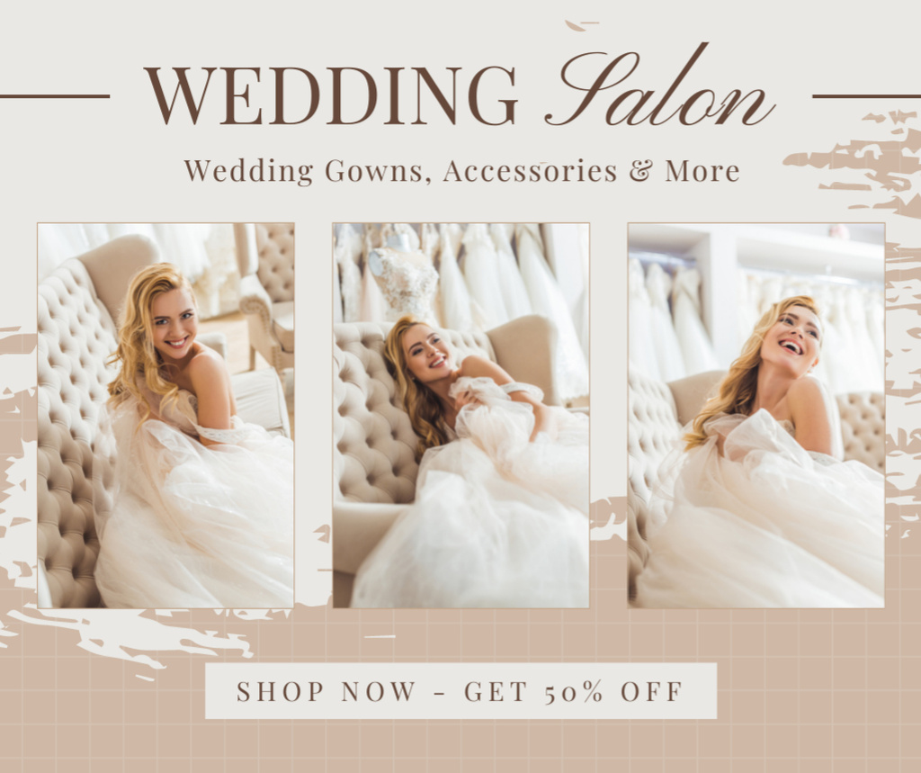 Young Bride in White Dress in Wedding Salon Facebook – шаблон для дизайна