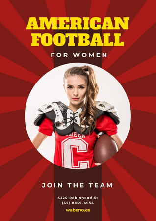 Plantilla de diseño de Invitación del equipo de fútbol americano con chica en uniforme Poster 