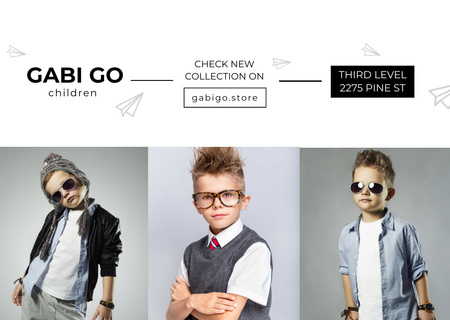 Oferta de loja de roupas infantis com crianças elegantes Postcard Modelo de Design