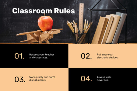 Regras da sala de aula com artigos de papelaria e avião de brinquedo na mesa Poster 24x36in Horizontal Modelo de Design