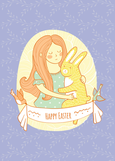 Designvorlage Easter Wishes With Girl Hugging Bunny für Postcard 5x7in Vertical