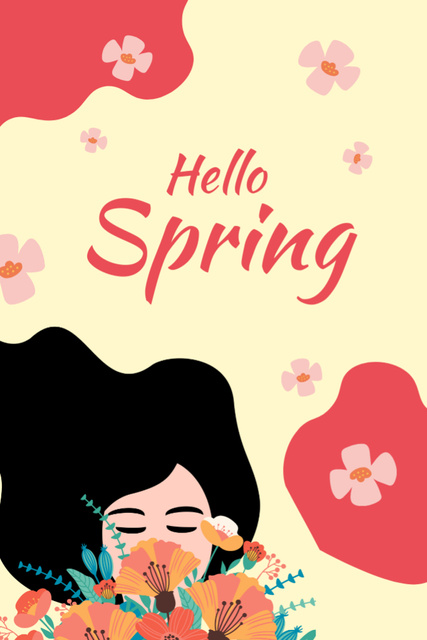 Designvorlage Dreamy Girl With Fresh Blossoming Flowers für Postcard 4x6in Vertical