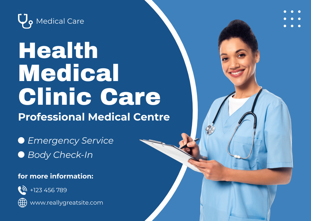 Healthcare Clinic Services with Friendly Doctor Card Design Template