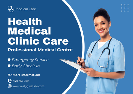 Egészségügyi klinika szolgáltatások barátságos orvossal Card tervezősablon