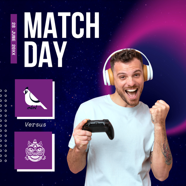 Designvorlage Match Day Ad with Man in Headphones Holding Game Joystick für Instagram