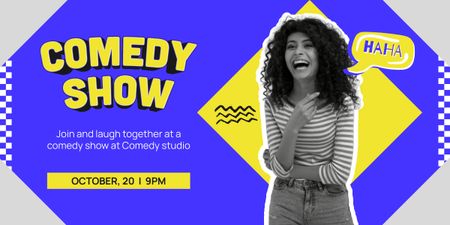 Designvorlage Ankündigung einer Comedy-Show mit einer lachenden jungen Frau für Image