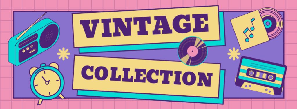 Ontwerpsjabloon van Facebook cover van Retro Musical Stuff Collection With Vinyl And Cassette