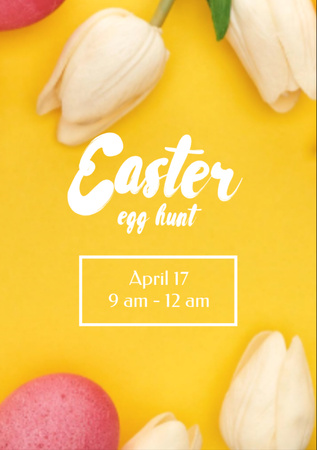 Easter Egg Hunt Announcement with Colorful Eggs and Tulips Flyer A7 tervezősablon