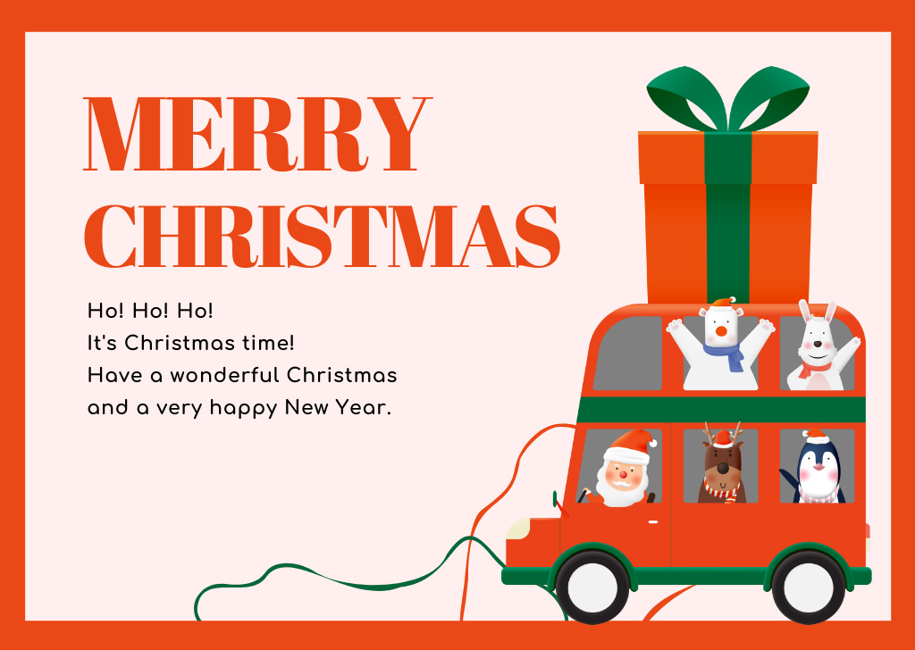 Plantilla de diseño de Cute Merry Christmas Wishes with Santa Claus amd Animals Card 