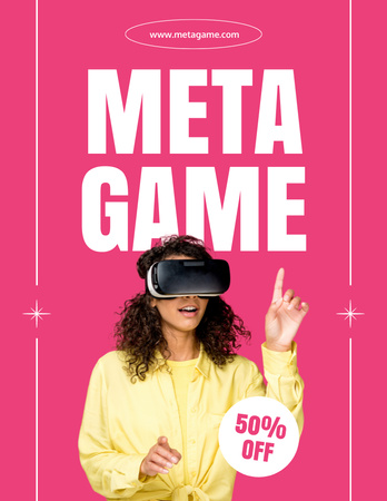 Žena hrající hru v Metaverse ve VR headsetu Flyer 8.5x11in Šablona návrhu
