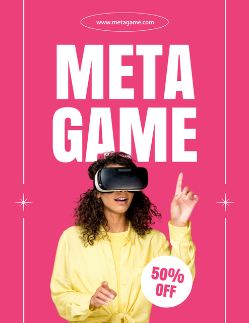 Woman Playing Game in Metaverse in VR Headset Flyer 8.5x11in Tasarım Şablonu