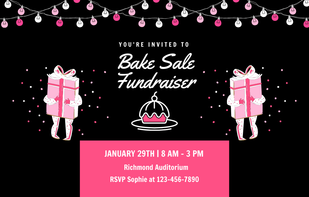 Szablon projektu Bake Sale Fundraiser With Cupcake And Gifts Illustration Invitation 4.6x7.2in Horizontal