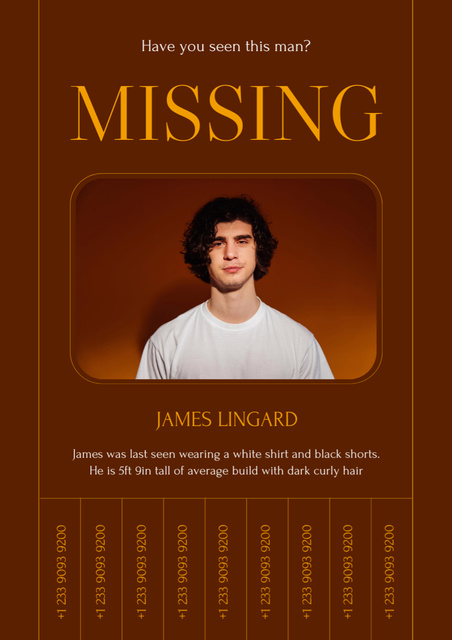 Announcement of Disappearance Of Person With Contacts In Brown Poster A3 Design Template